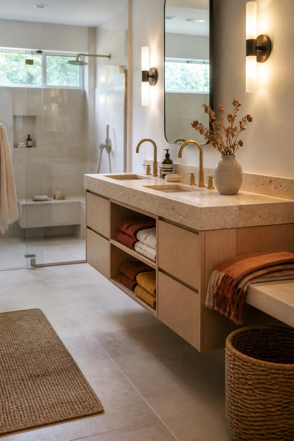 A floating light wood vanity with open cubbies holding stacked towels in warm tones, positioned beneath a stone countertop with brass faucets in a tiled bathroom.