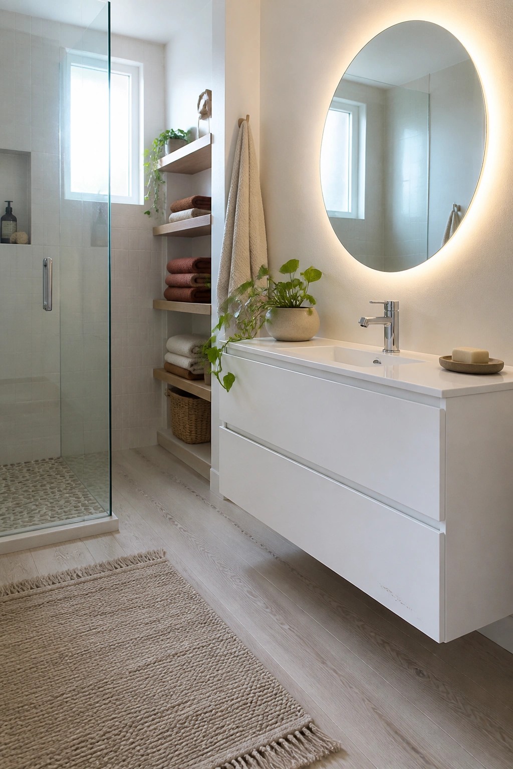A bathroom interior showing a white floating vanity with a round backlit mirror, open wooden shelves holding stacked towels in neutral and terracotta tones, a potted plant, and a woven rug on light wood flooring.