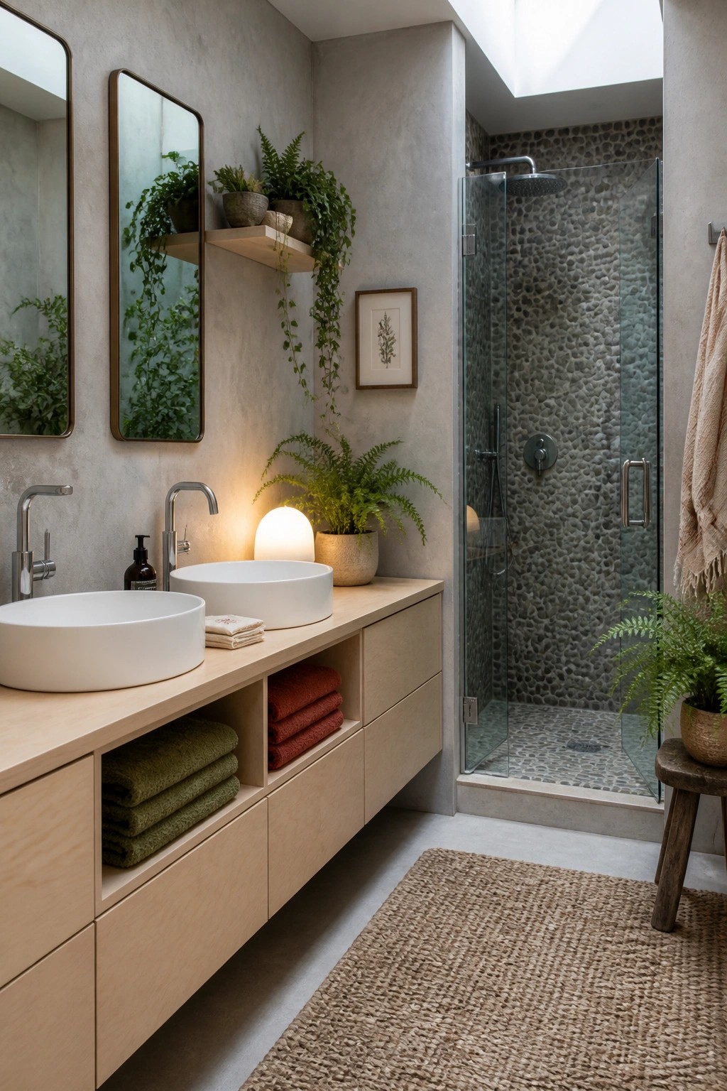 A bathroom vanity with light wood cabinetry, two white vessel sinks, open shelves holding folded green and rust towels, potted plants on the counter, and a glass shower with pebble tile.