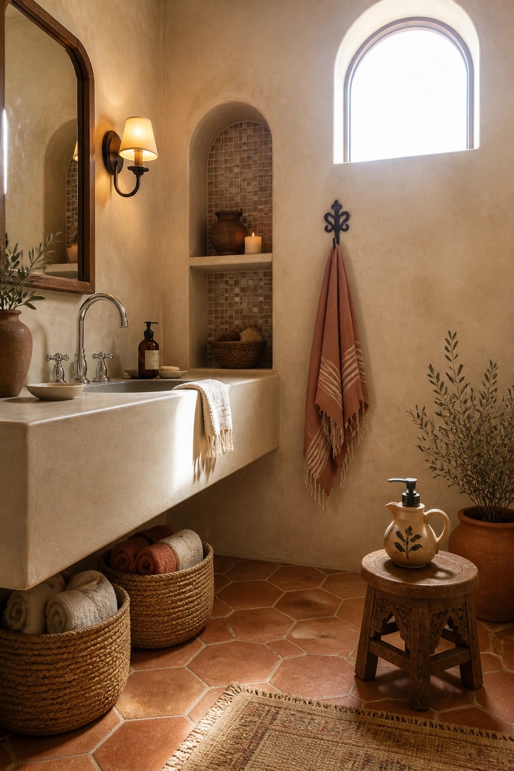A rustic bathroom with a floating concrete sink, woven baskets holding rolled towels underneath, a terracotta tile floor, and a towel hanging from a wall hook beside an arched window.