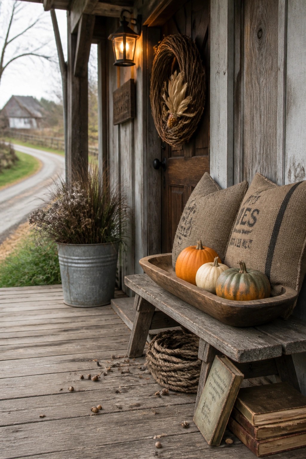 A rustic wooden porch shows a bench with a long wooden trough holding orange and green pumpkins, burlap pillows, a coil of rope underneath, and a wreath on the nearby door.