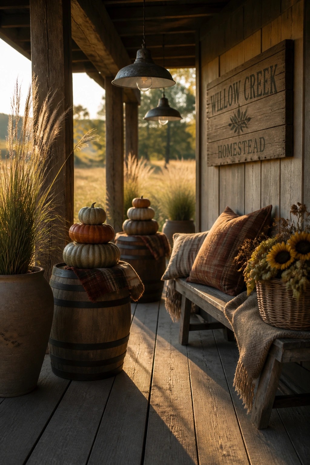 Rustic porch with stacked pumpkins on barrels, plaid pillows on bench, and hanging lights