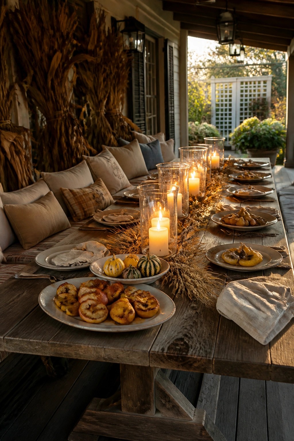 A long wooden table on a porch set with plates of food, lit candles in glass holders, small gourds, and scattered wheat, with bundles of dried corn stalks leaning against the wall behind the seating area.