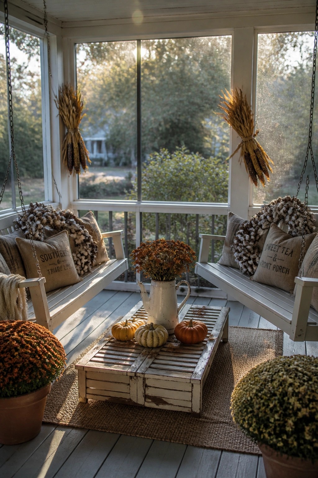A screened porch with two white wooden swings facing each other, decorated with cotton wreaths and burlap pillows, a rustic table holding pumpkins and flowers between them, and bundles of dried corn hanging from the ceiling.