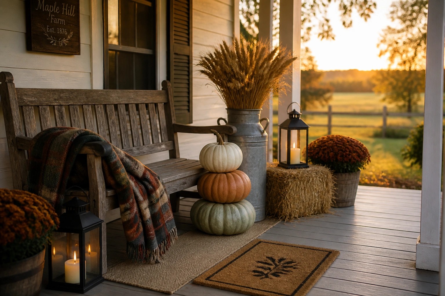 A wooden porch bench with a plaid blanket, stacked white, orange, and green pumpkins on a burlap runner, a black lantern, and a doormat with a leaf design.
