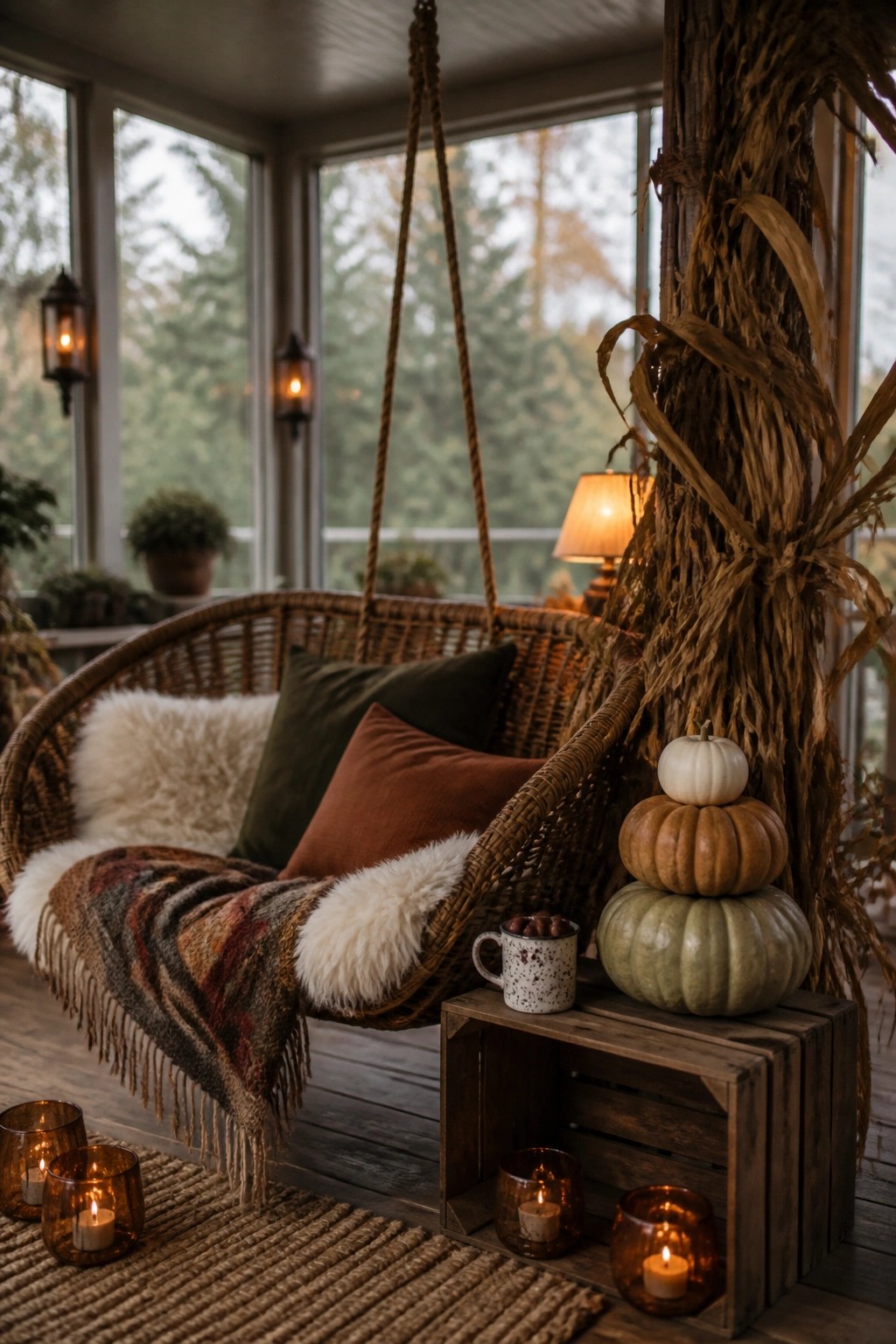 A hanging wicker chair with pillows and a blanket sits on a wooden porch beside a crate holding three stacked pumpkins and tall dried corn stalks.