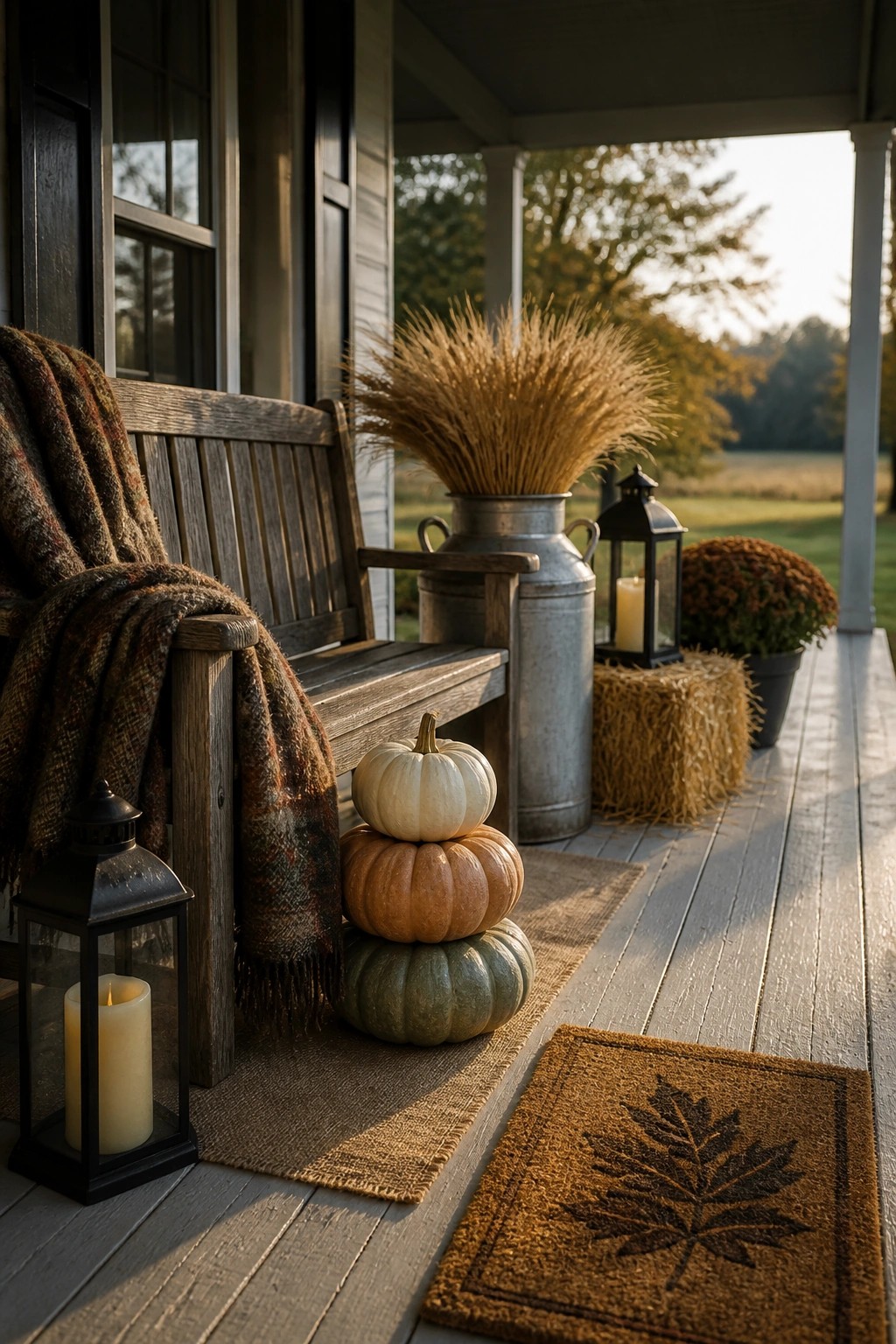 A wooden porch bench with a plaid blanket, stacked white, orange, and green pumpkins on a burlap runner, a black lantern, and a doormat with a leaf design.