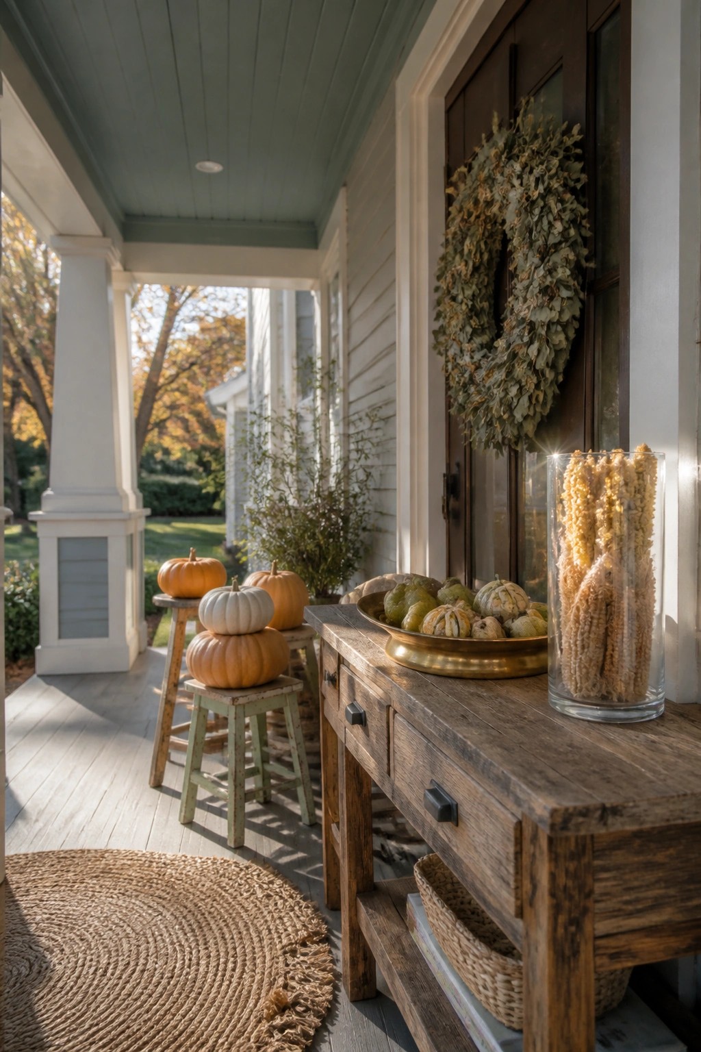 A wooden console table on a front porch displays a brass bowl of gourds and a glass vase of dried corn, with stacked pumpkins on stools nearby and a dried wreath on the door.