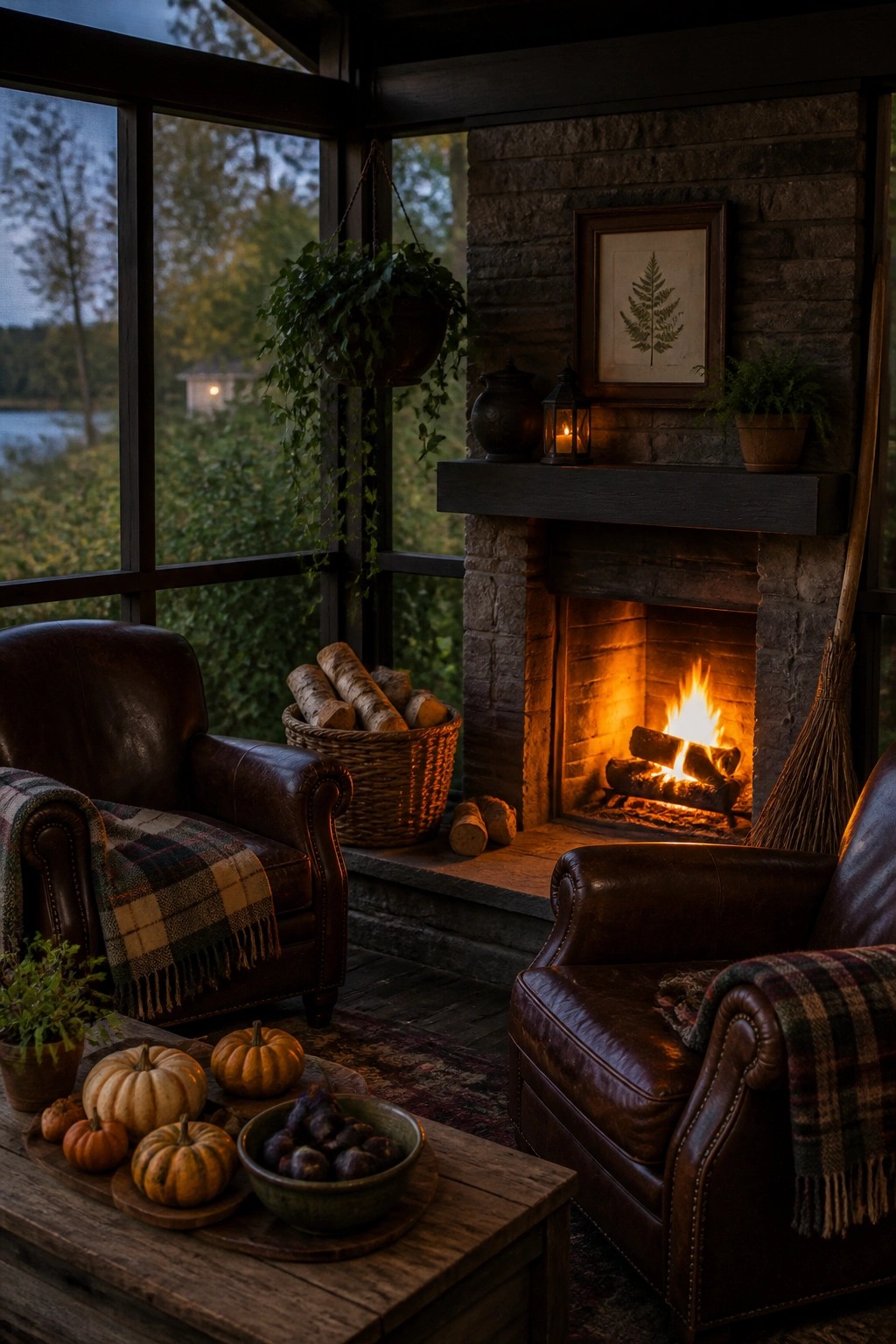 A rustic interior with two brown leather armchairs facing a lit stone fireplace, a basket of firewood, pumpkins, and a bowl of figs on a wooden table in front of large windows.