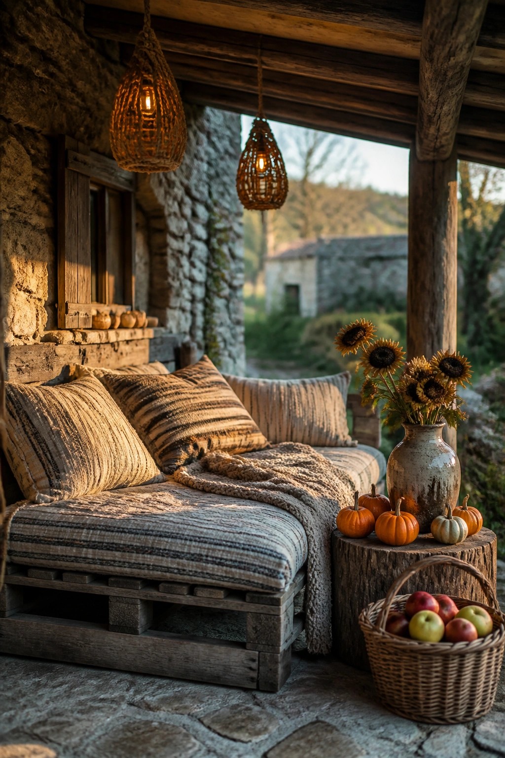 A rustic stone porch features a wooden pallet daybed with striped cushions and a knit blanket, accented by small pumpkins, sunflowers in a vase, and a basket of apples under hanging woven lights.