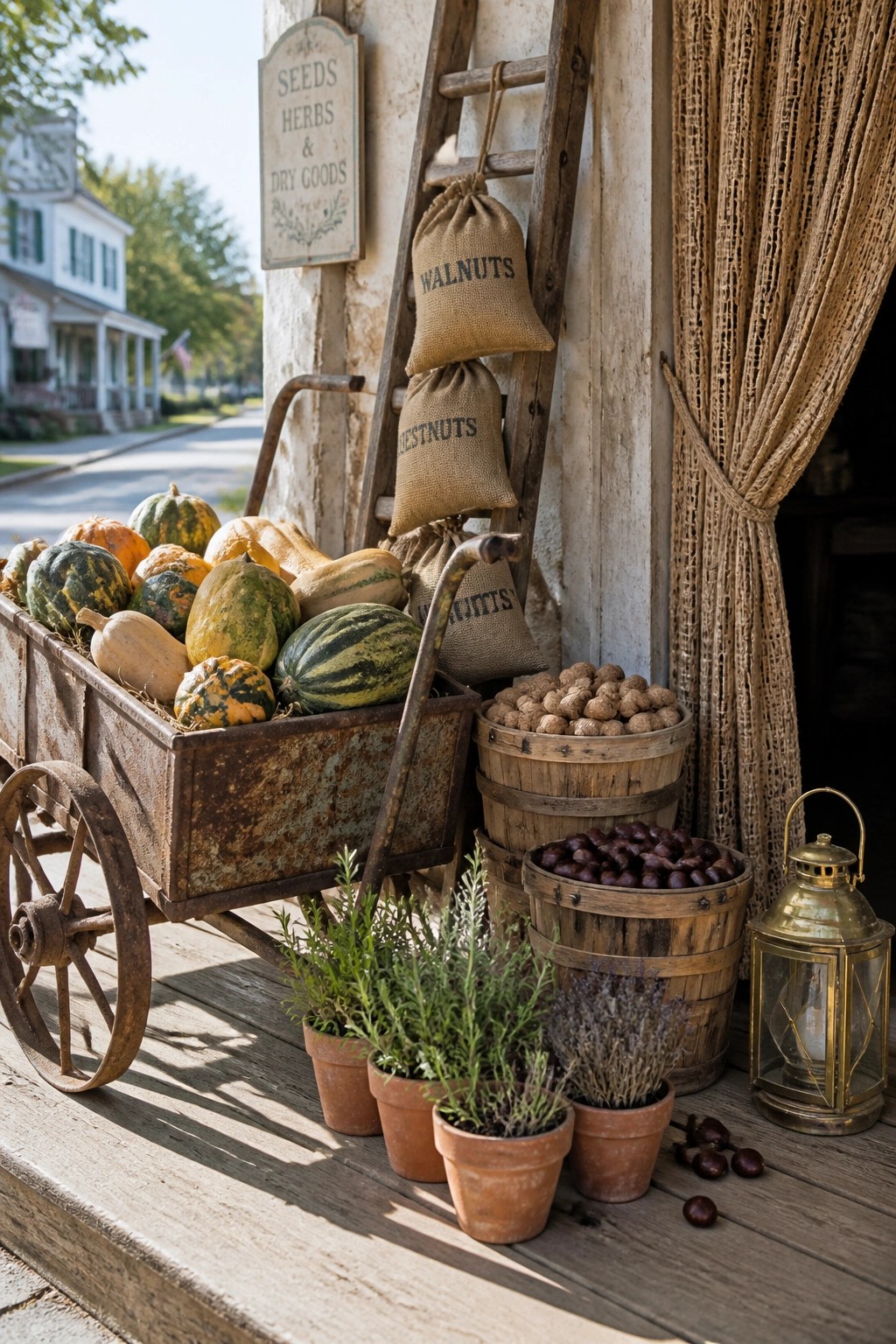 Rustic cart of gourds beside nut barrels, herb pots, lantern, and wooden ladder