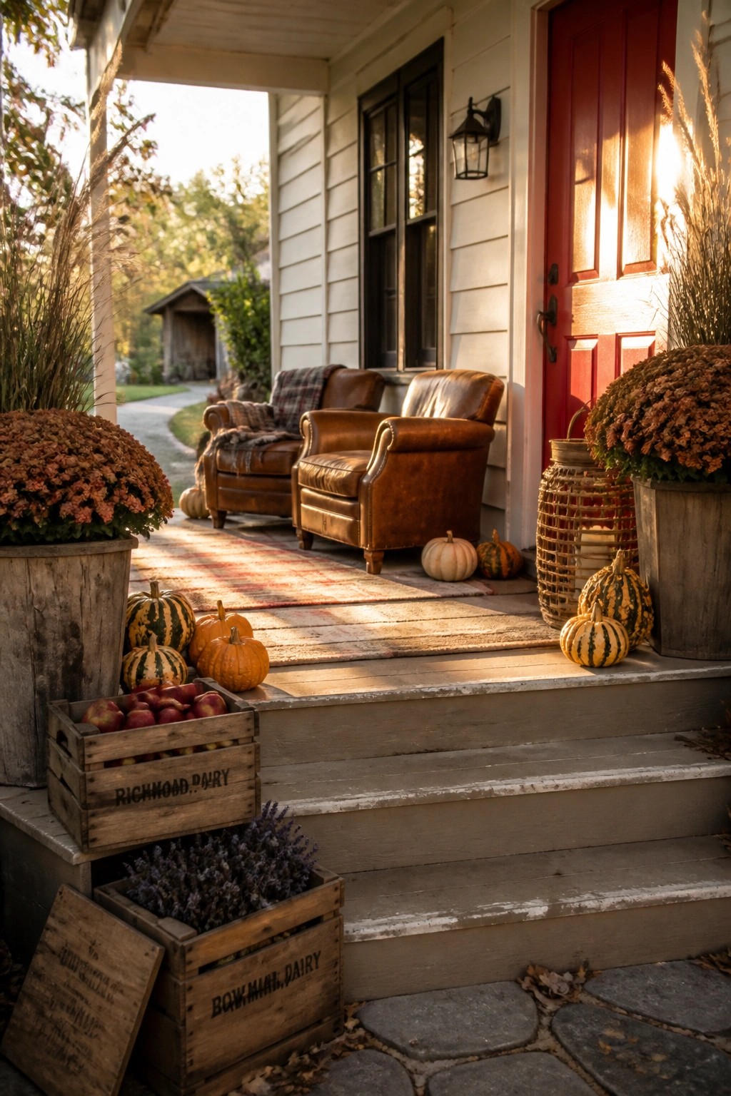Autumn porch with red door, leather chairs, pumpkins, mums, and dairy crates.