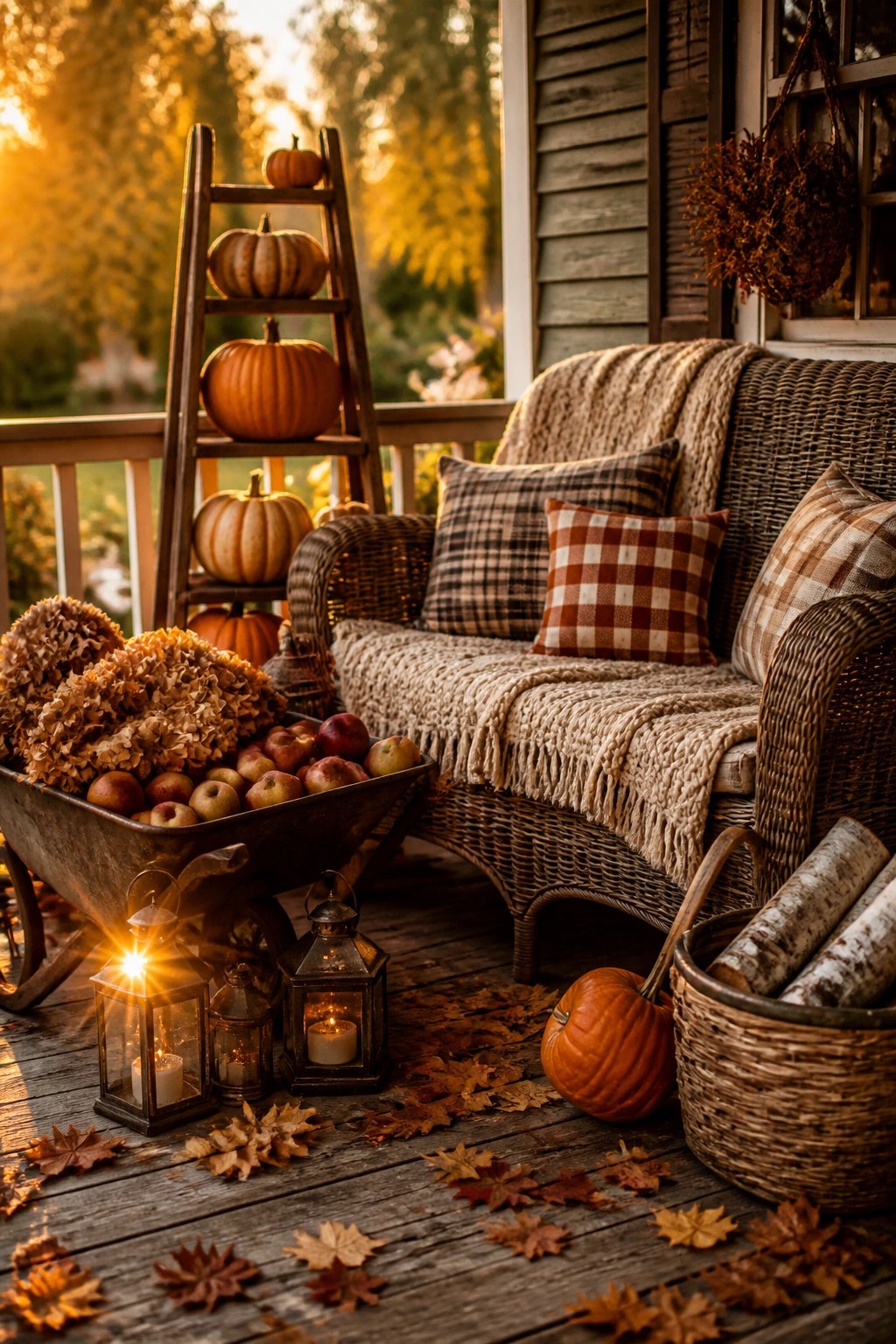 A wooden porch with a wicker sofa, a wheelbarrow filled with apples and dried flowers, pumpkins on a ladder, and several lit lanterns.