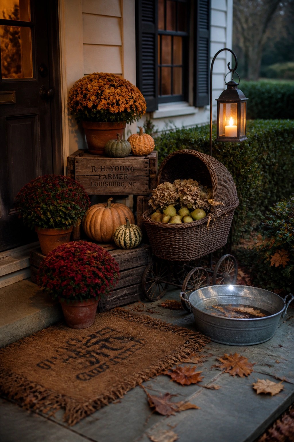 Autumn porch with pumpkins, potted mums, pears in wicker basket, and glowing lantern.
