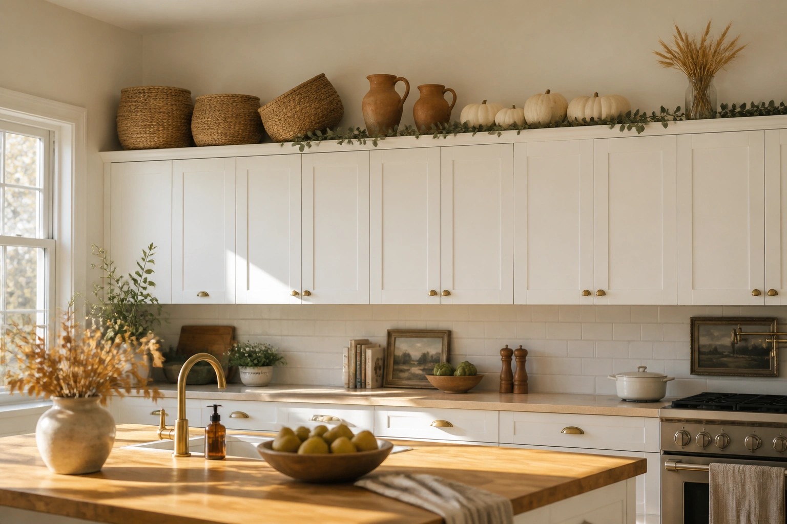 White kitchen cabinets topped with stacked woven baskets, terracotta vases, small white pumpkins, and dried wheat stalks.