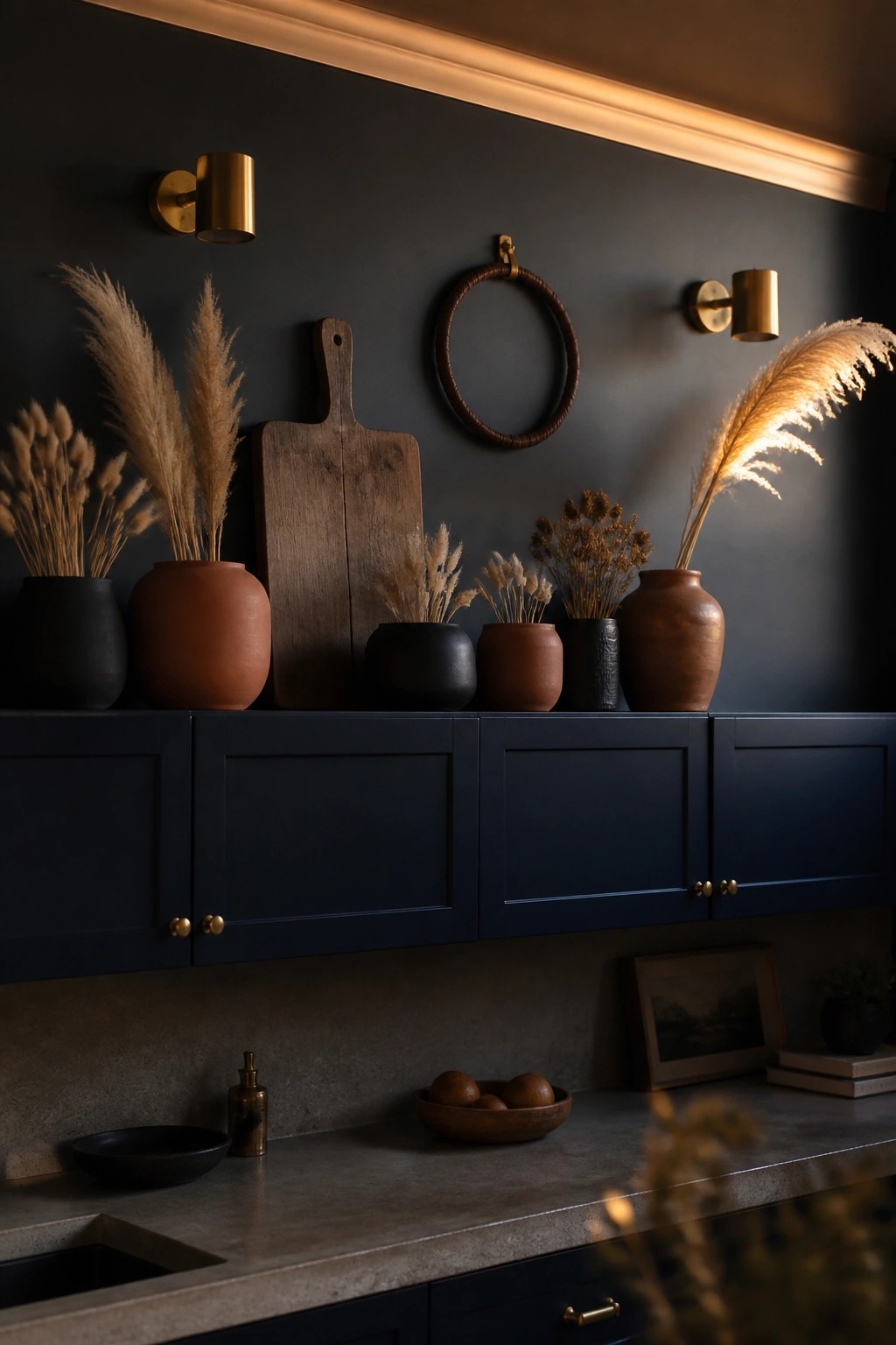 Dark navy kitchen cabinets with several terracotta and black vases holding dried pampas grass and other stems, a wooden cutting board, and a round wall hanging above.