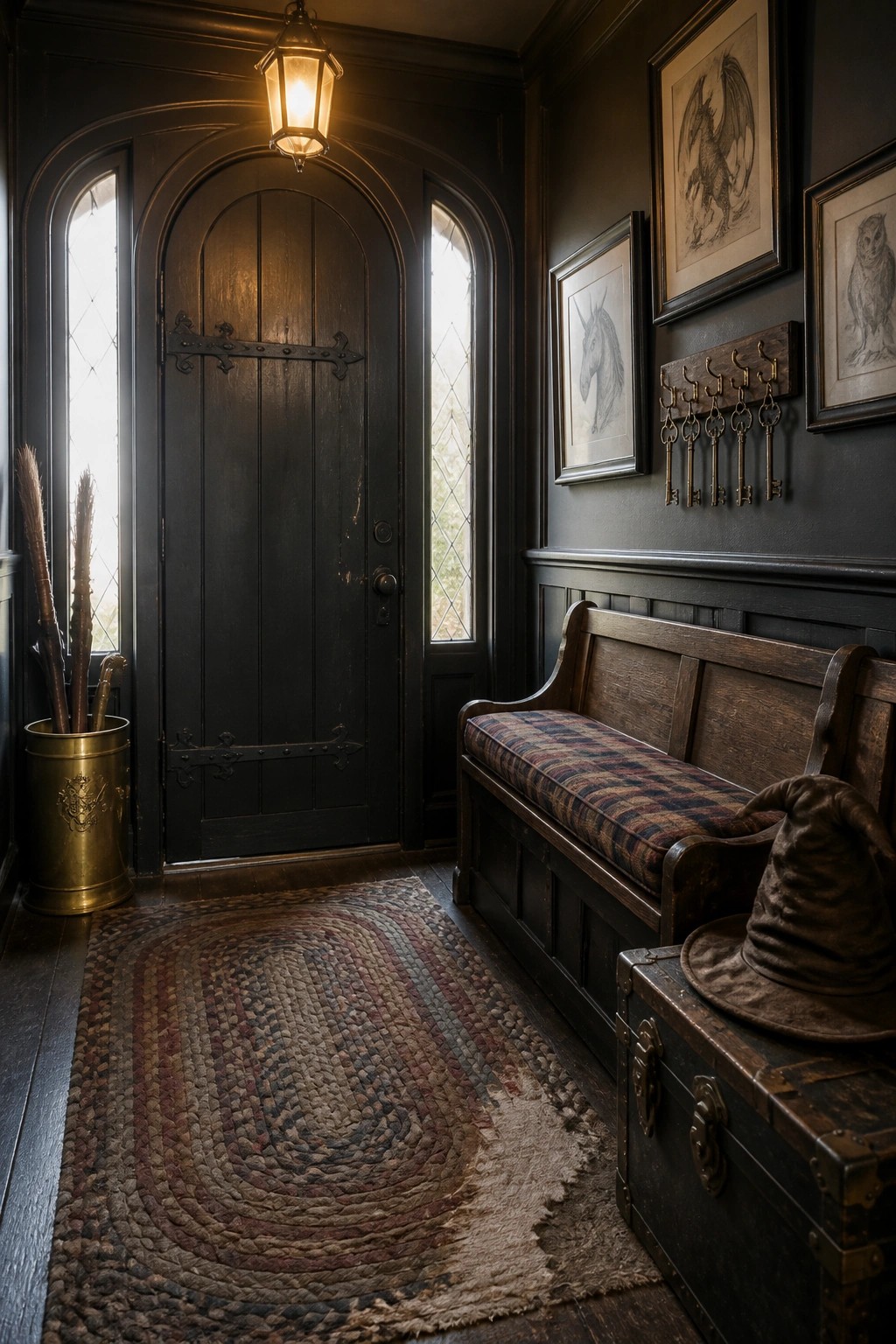 A dimly lit interior entry with a dark arched wooden door, a plaid cushioned bench against the wall, a woven oval rug on the floor, and a brown hat resting on a trunk.