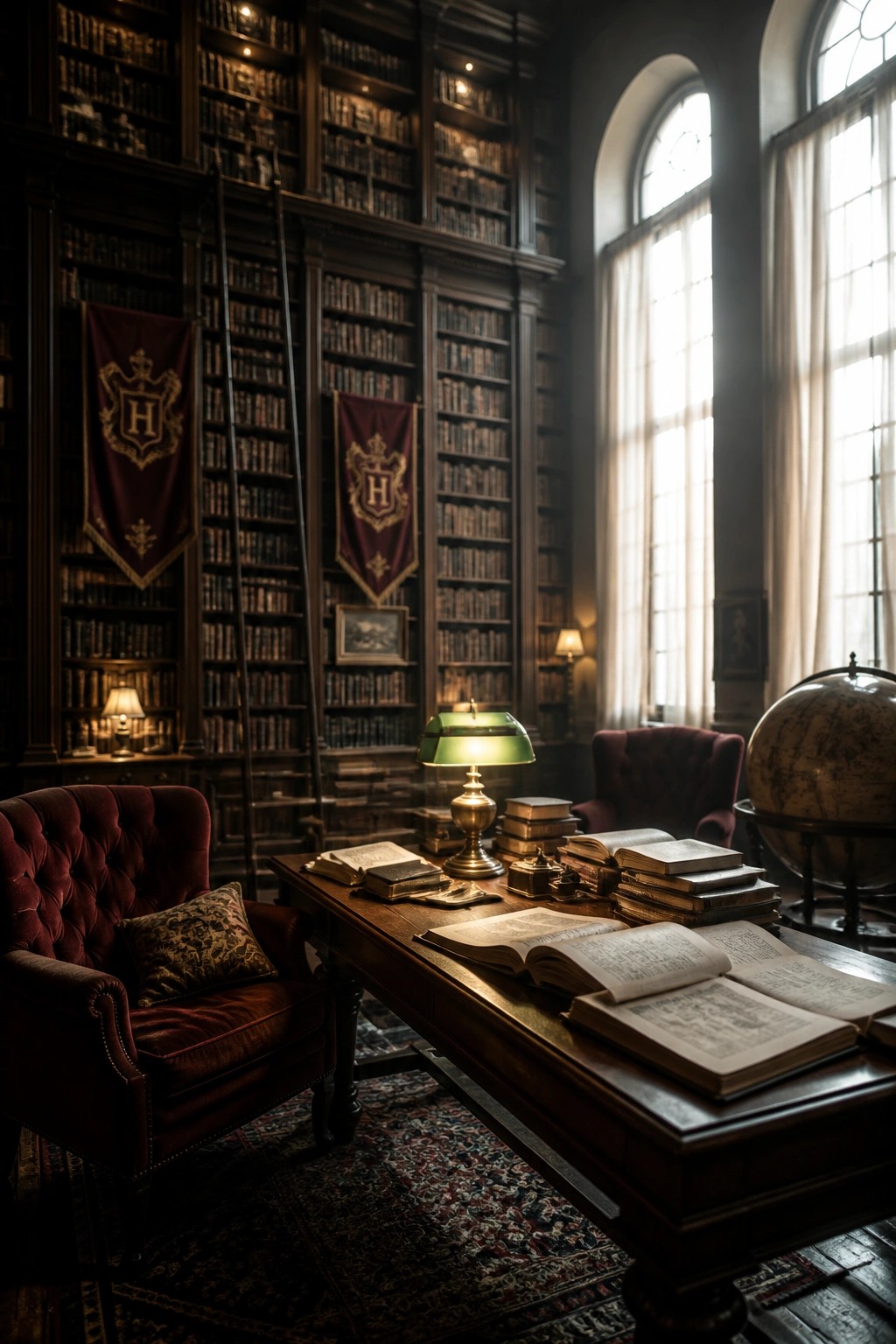 Dark wooden library with red velvet chairs, globe, desk, and green lamp