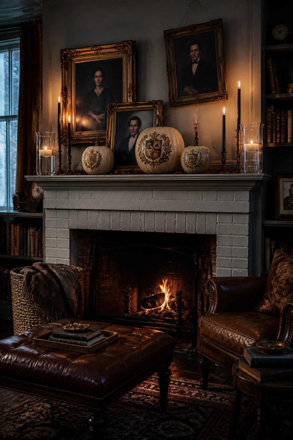A white brick fireplace mantel holds three white pumpkins with heraldic crests, surrounded by lit candles in glass holders and framed portraits on the wall above.