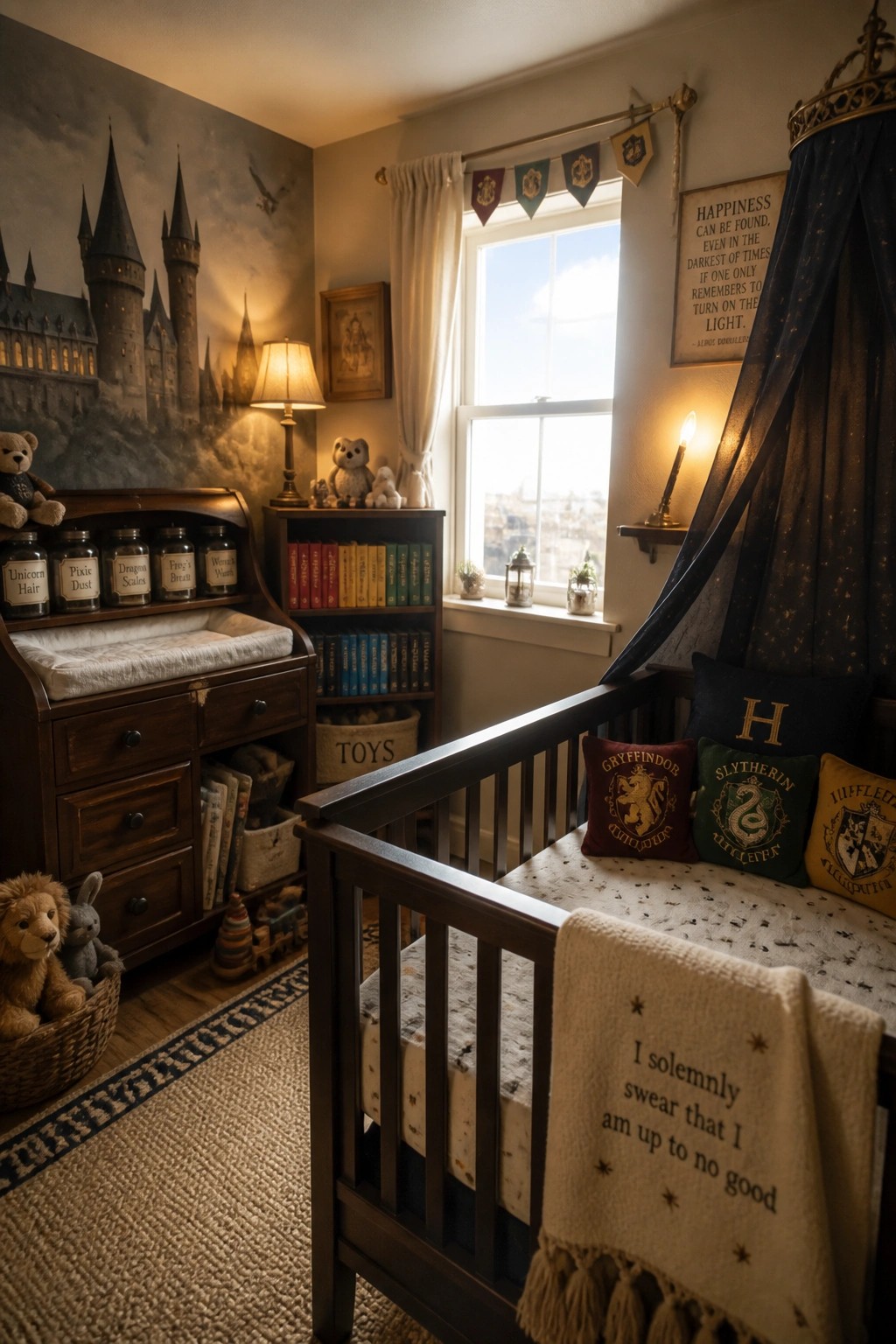 A Harry Potter themed nursery featuring a dark wood crib with house pillows, a Hogwarts castle mural, and house banners hanging from a rod above the window.