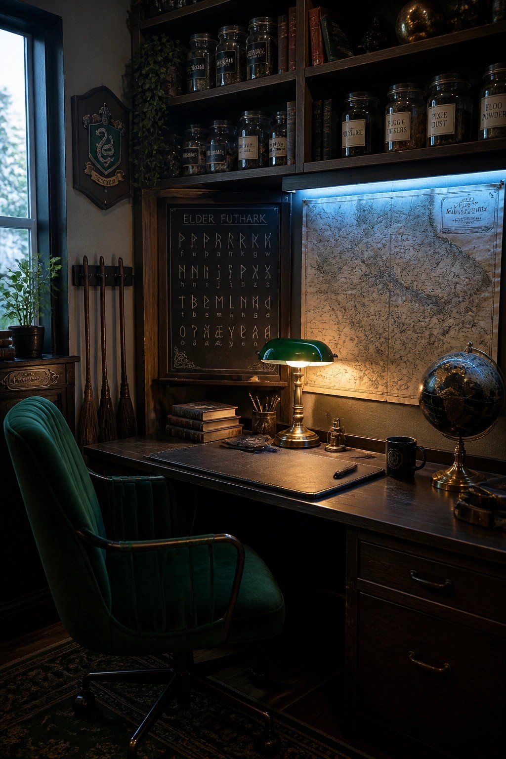 A wooden desk with a green velvet chair faces built-in shelves holding rows of labeled glass jars, a map, and a small globe.