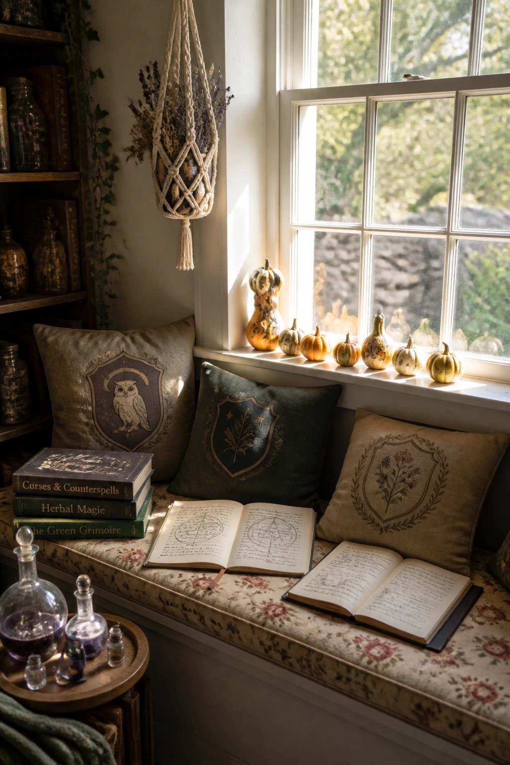 A window seat with patterned cushions, open books, small decorative pumpkins on the sill, and glass bottles on a nearby tray.